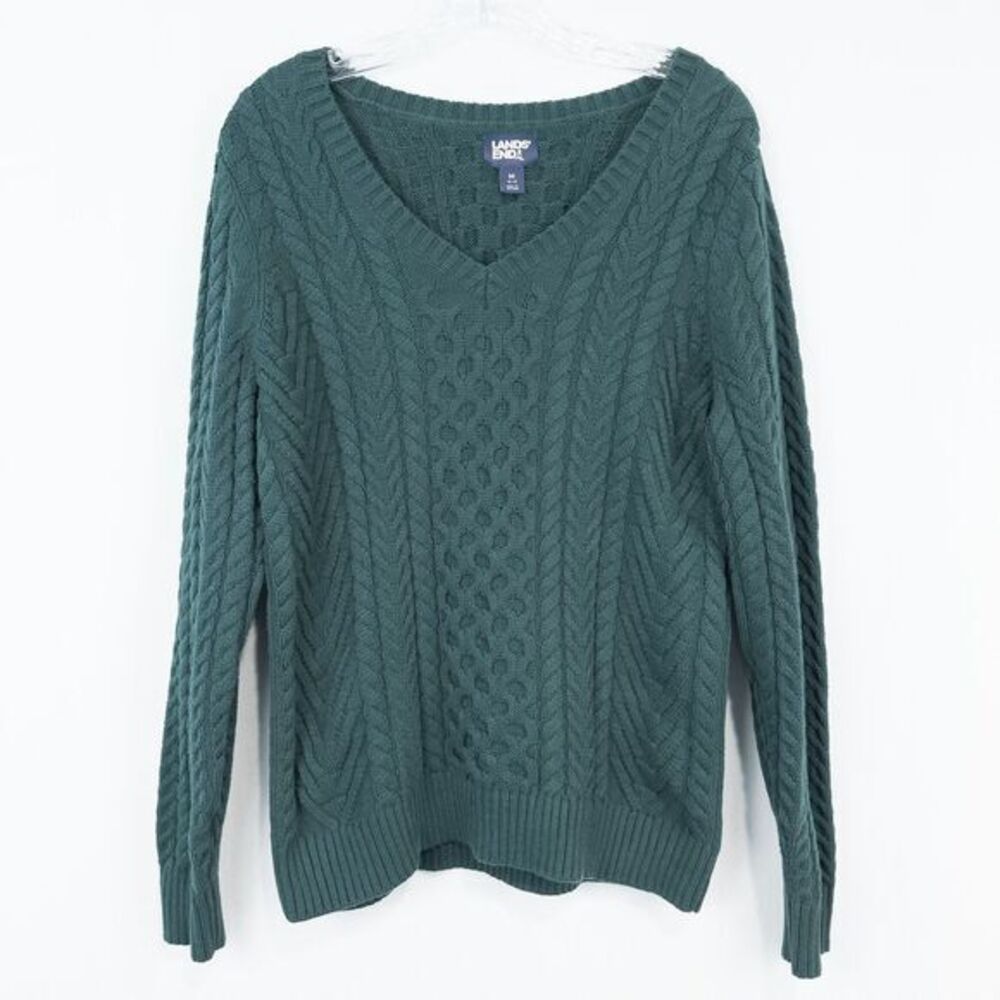 Lands End V Neck Cable Knit Sweater Womens Medium‎ Green Fisherman Preppy